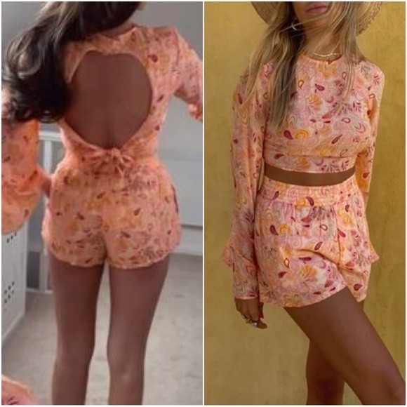 Zara Orange Paisley Open Back Cutout Flare Bell Long Sleeve Top L - Picture 15 of 15